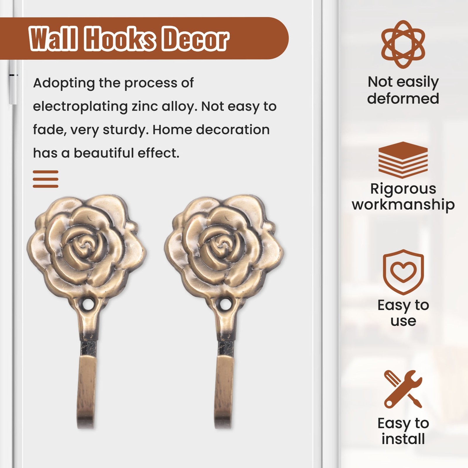 2Pcs Metal Rose Flower Curtain Tie Back Tieback Holders Wall Hooks Decor V7G3