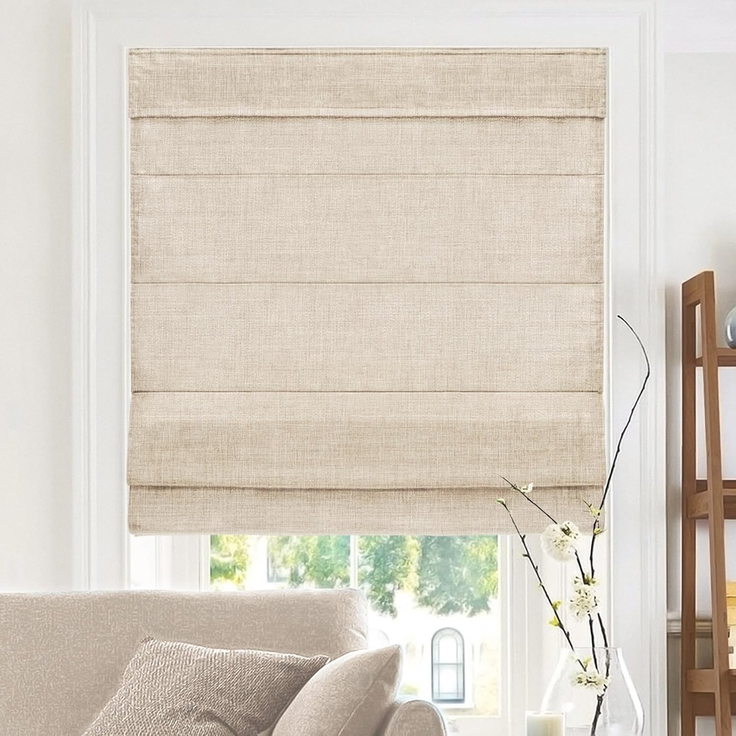 Chicology Cordless Roman Window Shade, Belgian Flax, 27″W x 64″H | Cordless