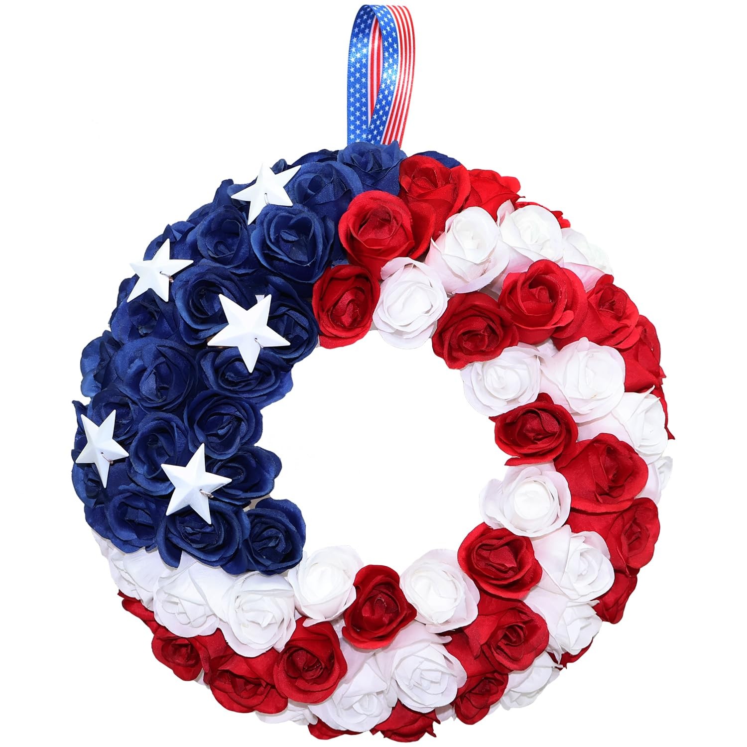 Silk Roses 4th of July Wreath, Red White Blue Patriotic Wreaths for Front Door,