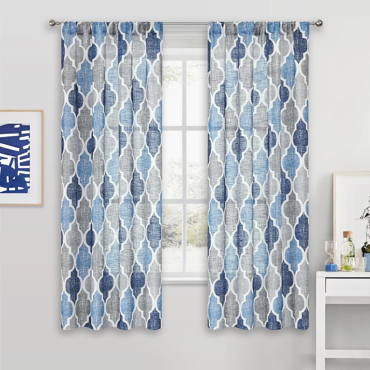 Semi Sheer Valance Curtains Moroccan Tile Print Valance Quatrefoil Linen Texture