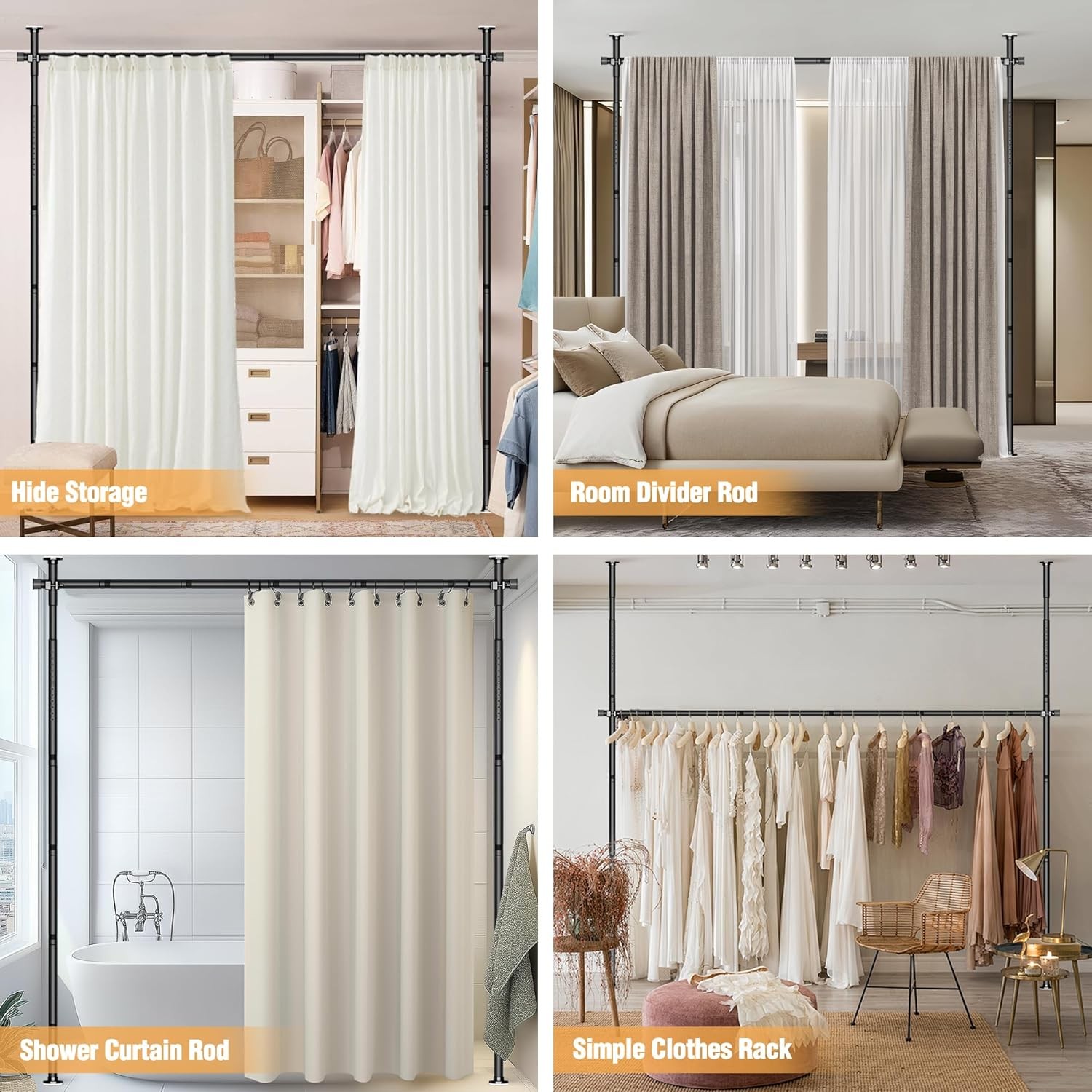 Adjustable Room Divider Curtain Rod No Drilling Tension Rod for Separation Black
