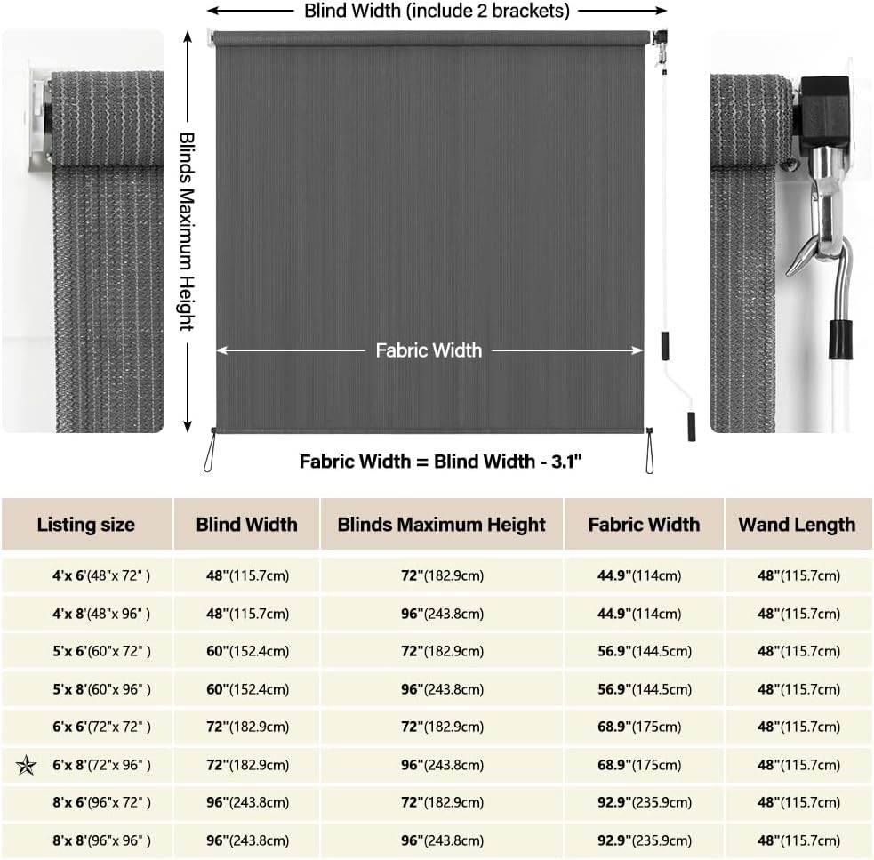 Outdoor Roller Shades 6′ W X 8 L (72″ W X 96″ H), Cordless Patio Shades Roll up