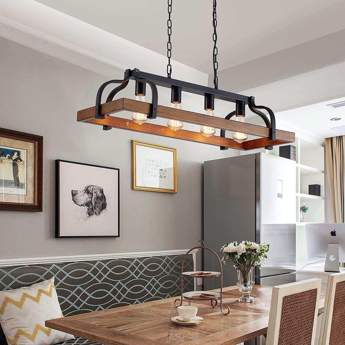 4-Light Metal Pot Hanging Rack Chandelier Imitation Wood Grain Linear Pendant Ce