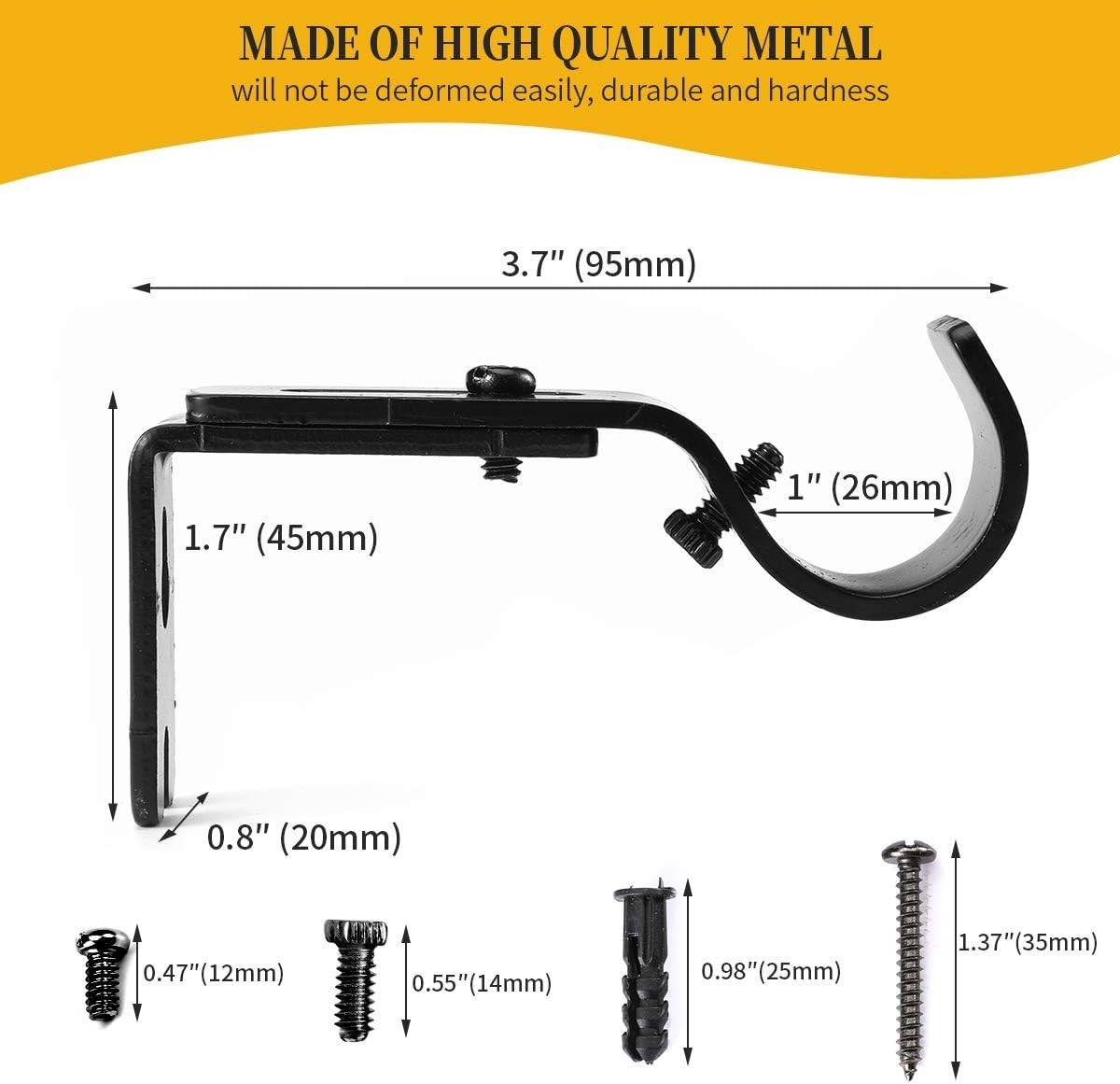 Curtain Rod Brackets, 2 Pack, 1 Inch, Black, Adjustable, Heavy Duty