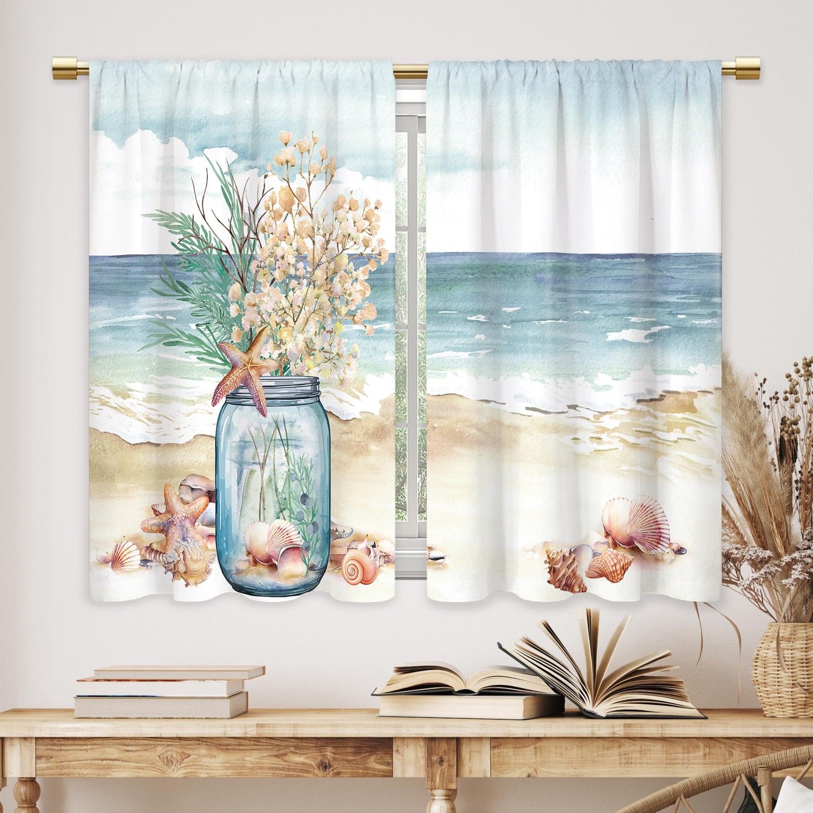 Cinekker Summer Coastal Kitchen Curtains – Starfish Blue Sea Bathroom Window …