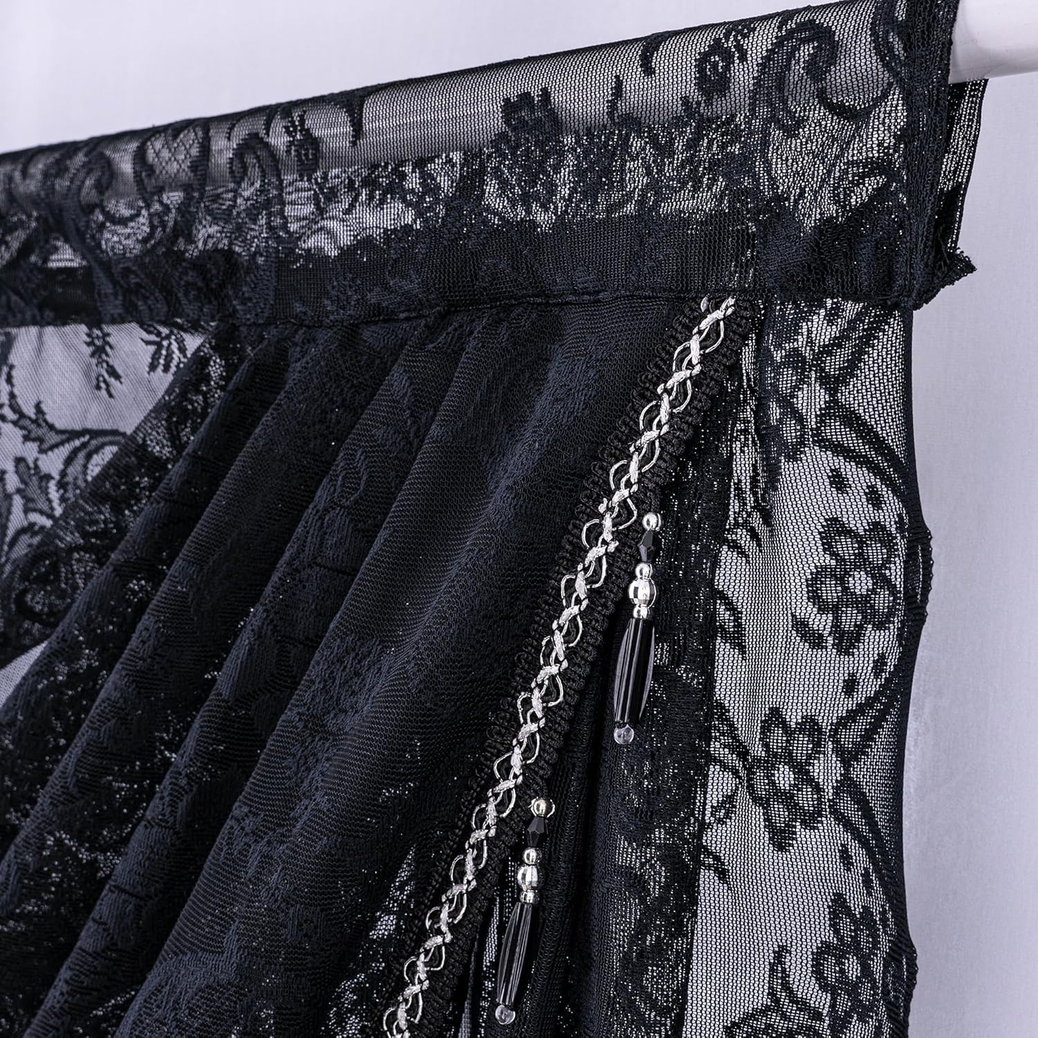 Black Sheer Lace Waterfall Window Valance with Bead Tassels Floral Embroidered V