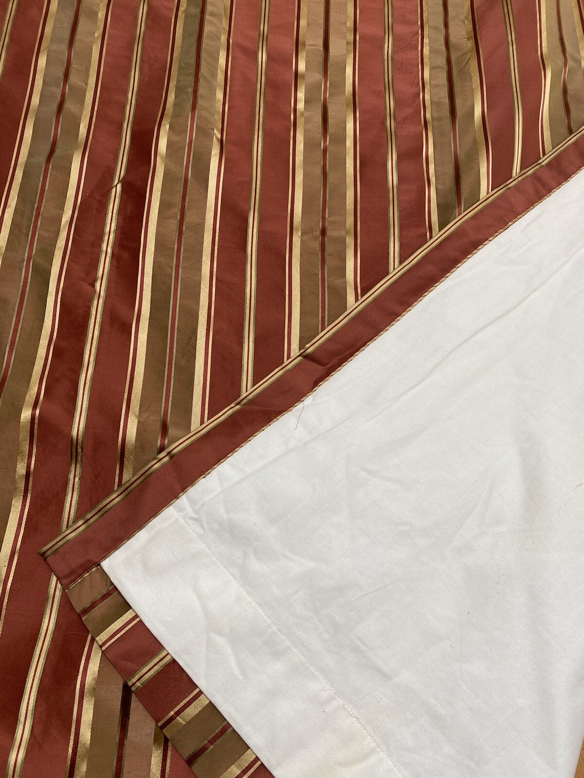 Pair Custom Silk Pinch Pleated Curtain Drapes Inter Lined Rust Gold Stripe 92×34