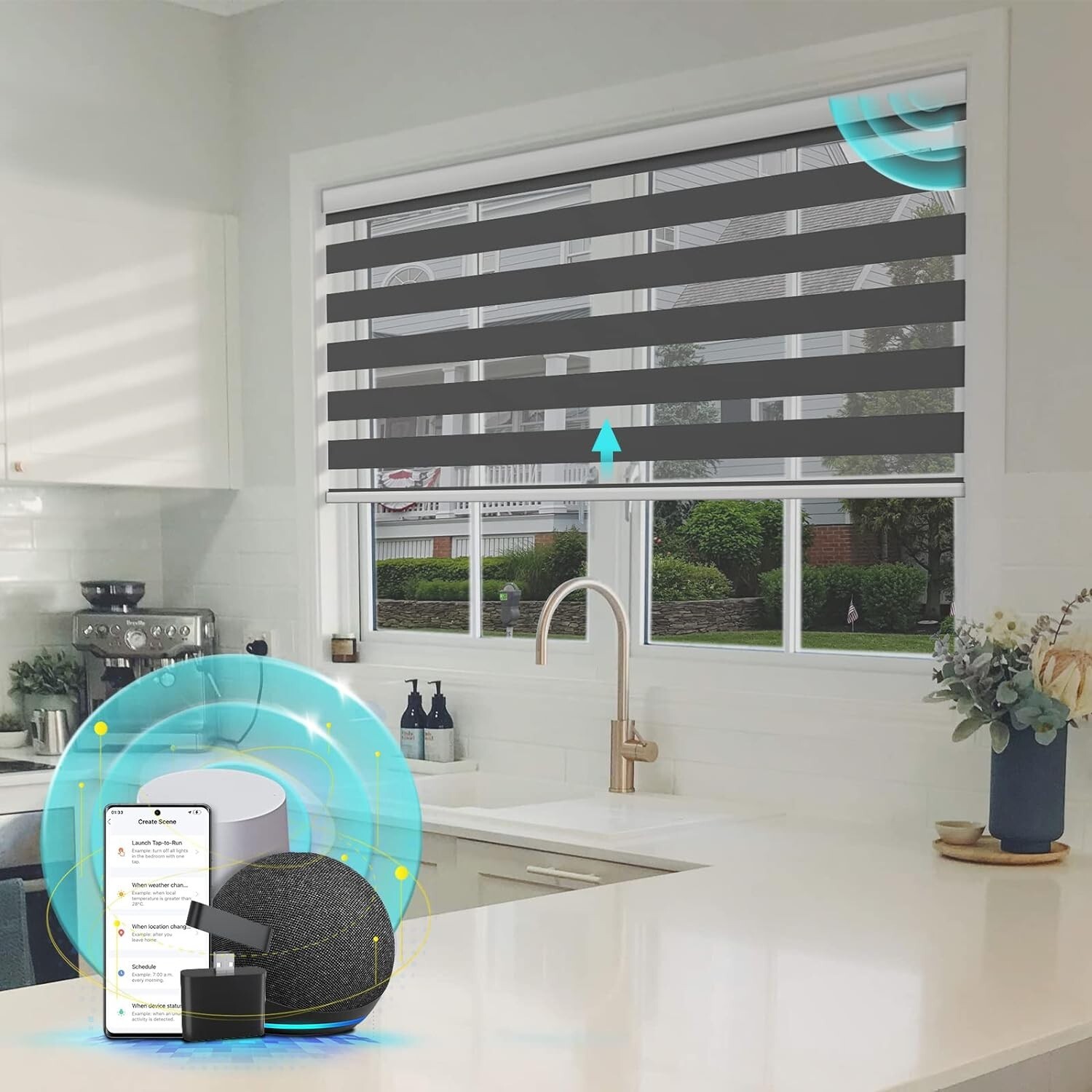 *NEW* CITOLEN Motorized Zebra Smart Blinds, Integral Valance 34”Wx72”H *GRAY*