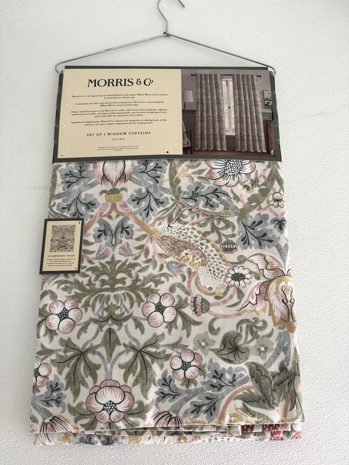 New Morris & C Window Curtains 2 Panels Darkening 37 x 96 Strawberry Thief Birds