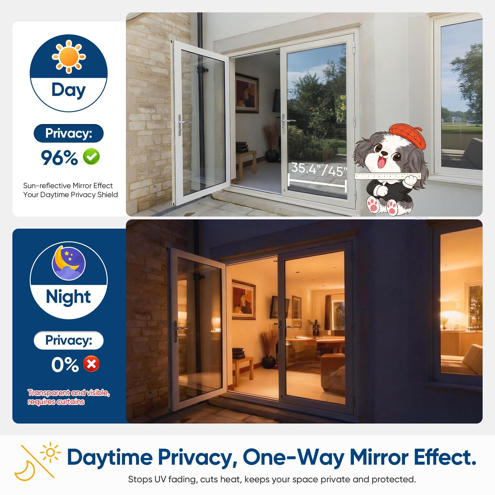 Window Tint for Home, One Way Privacy Film Heat & UV Blocking, Static Cling N…