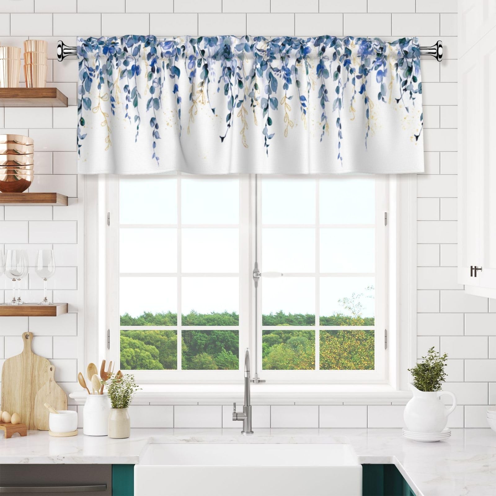 Eucalyptus Valance Curtain for Window 54″ x 18″ Blue Gold Leaves Plant Short …
