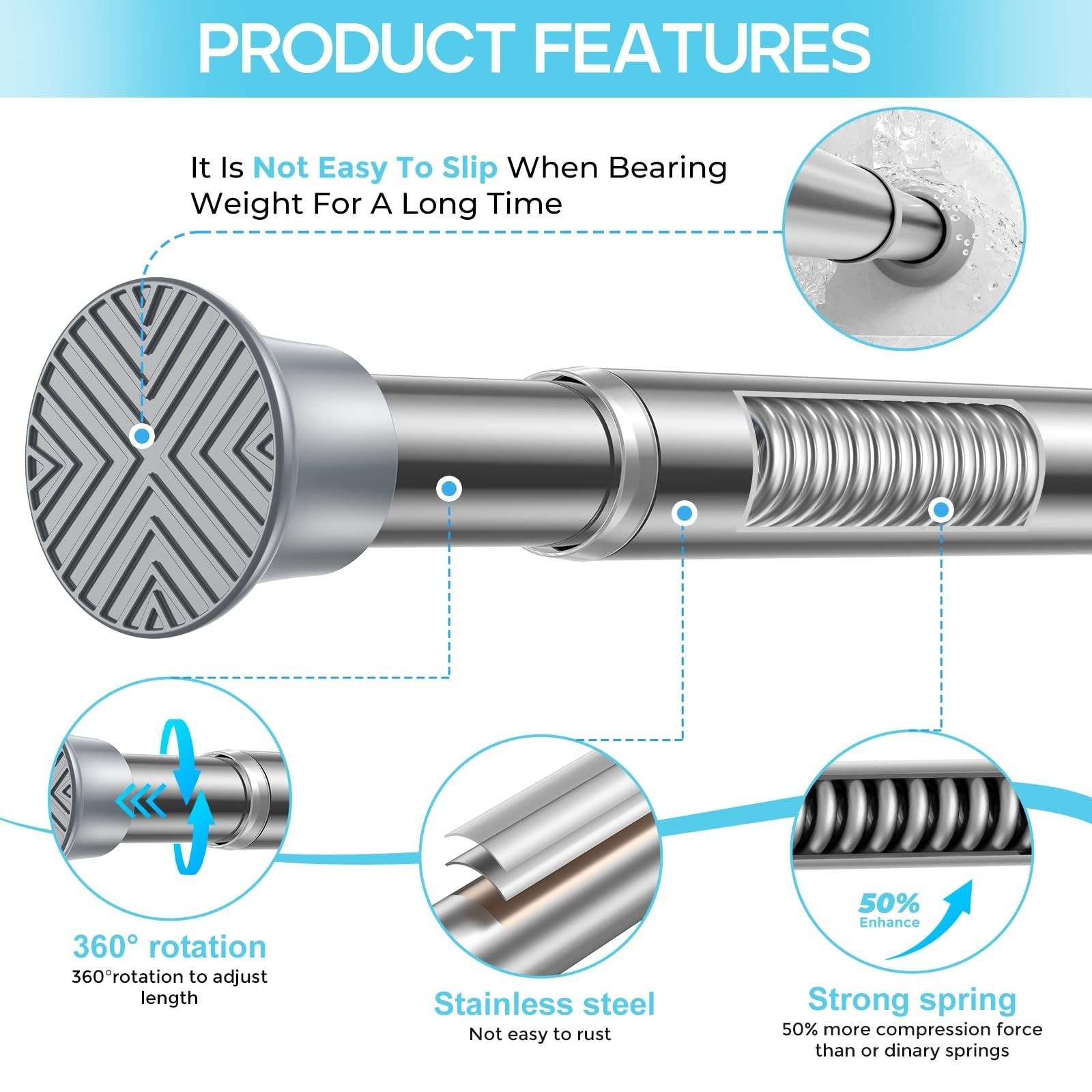 Spring Tension Curtain Rod 32-76 inch, Adjustable Expandable Tension Curtain Rod