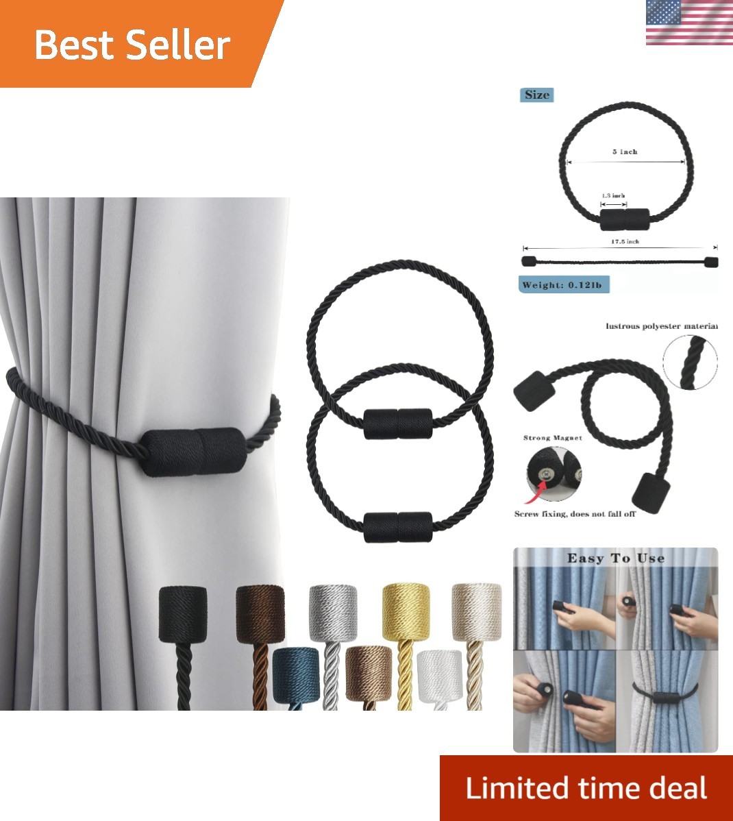 Stylish Hand-Woven Black Magnetic Curtain Tiebacks – 2 Pack for Versatile Use