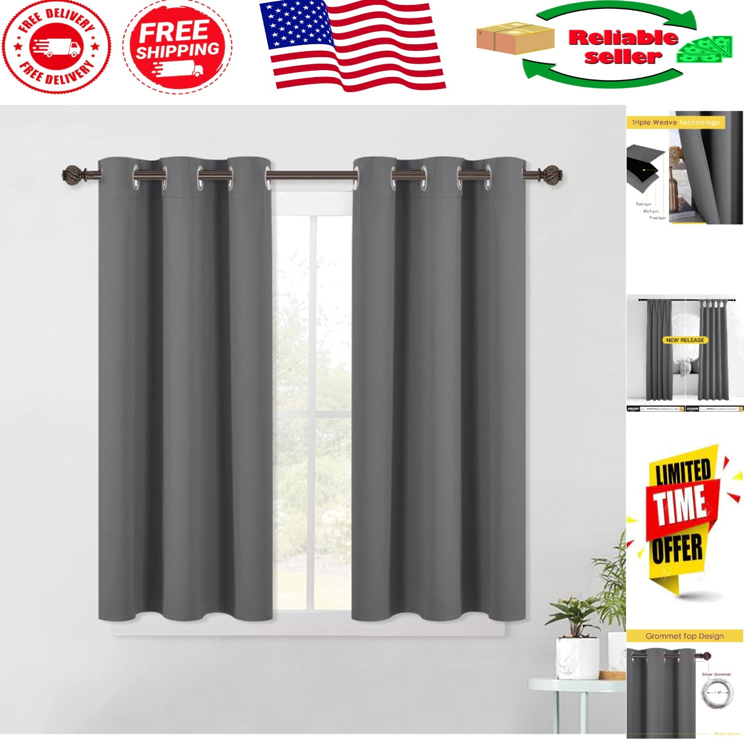 Luxury Grey Thermal Blackout Curtain Panels for Bedroom – 42×45 Inches, 2 Count