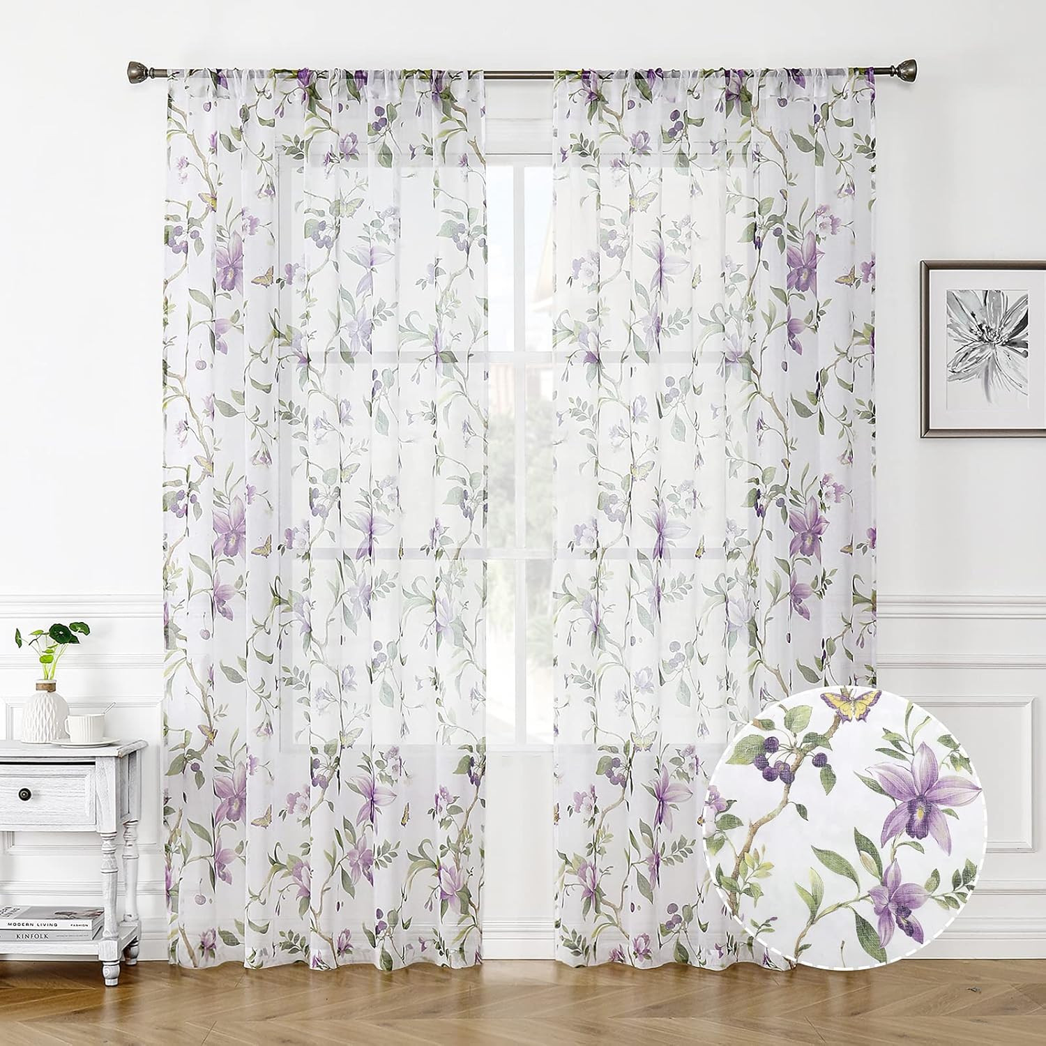 Floral Sheer Curtains Purple Cherry Flower Butterfly Print Bedroom Curtain Rod P