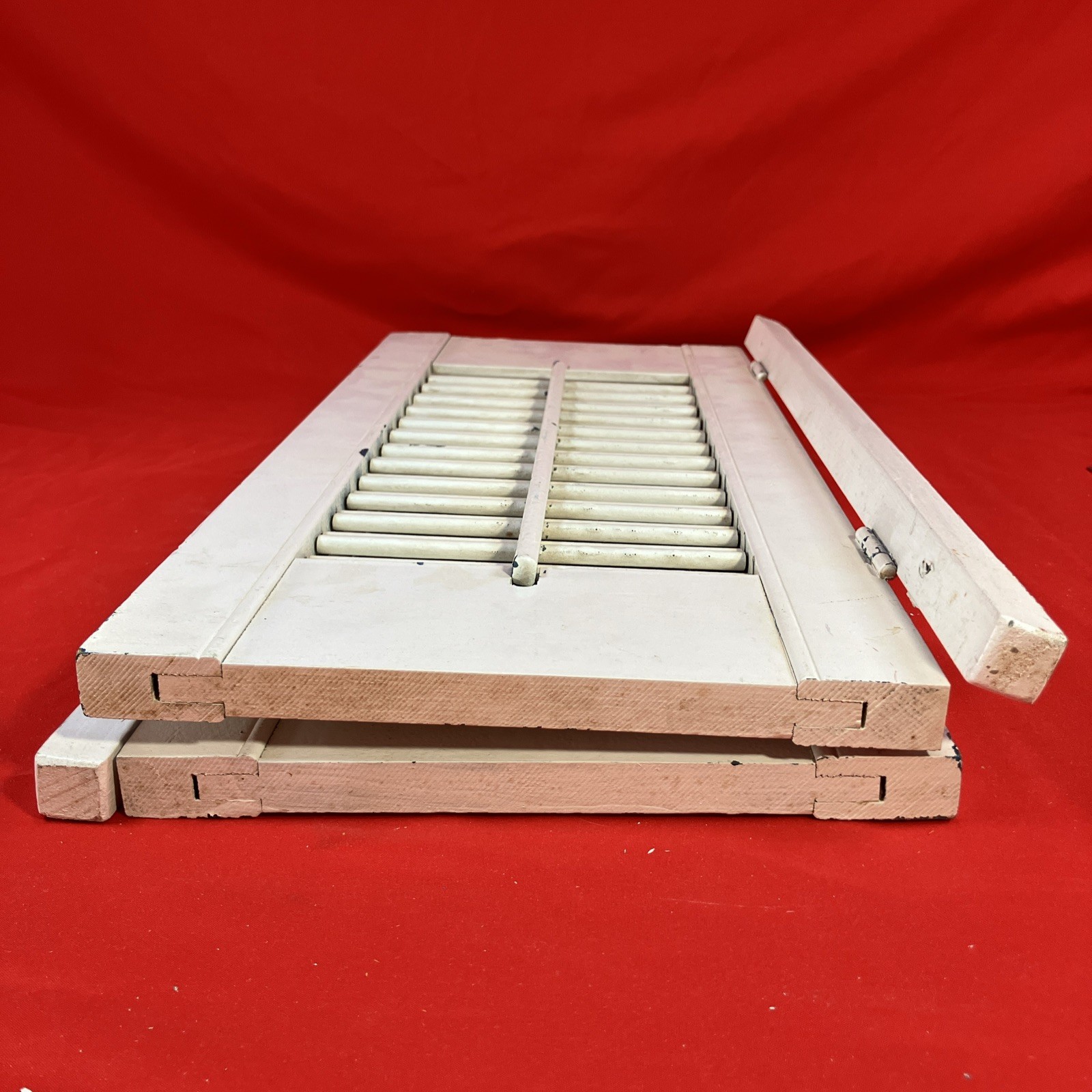 Vintage Wood Louvered Panel Window Shutters / Painted White Rustic / Flaws No 5