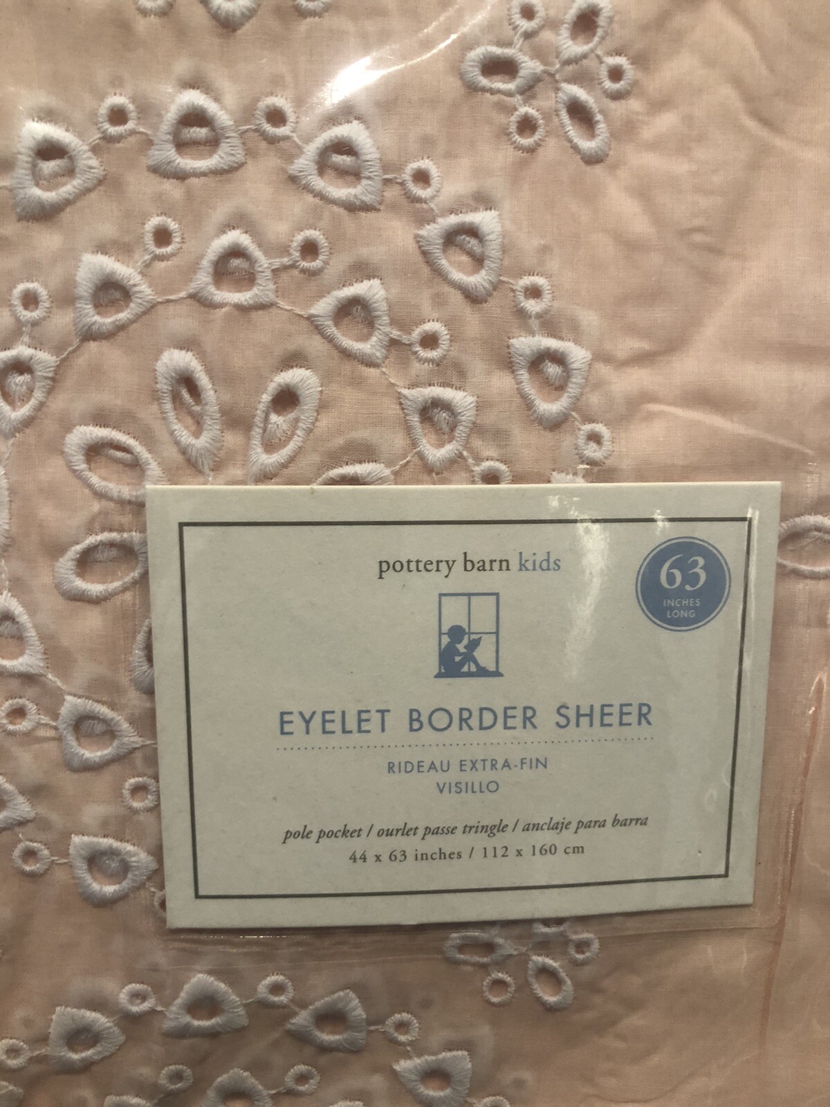 Pottery Barn Kids 63” Pole Top Eyelet Border Sheer Panel Blush Gorgeous NWT