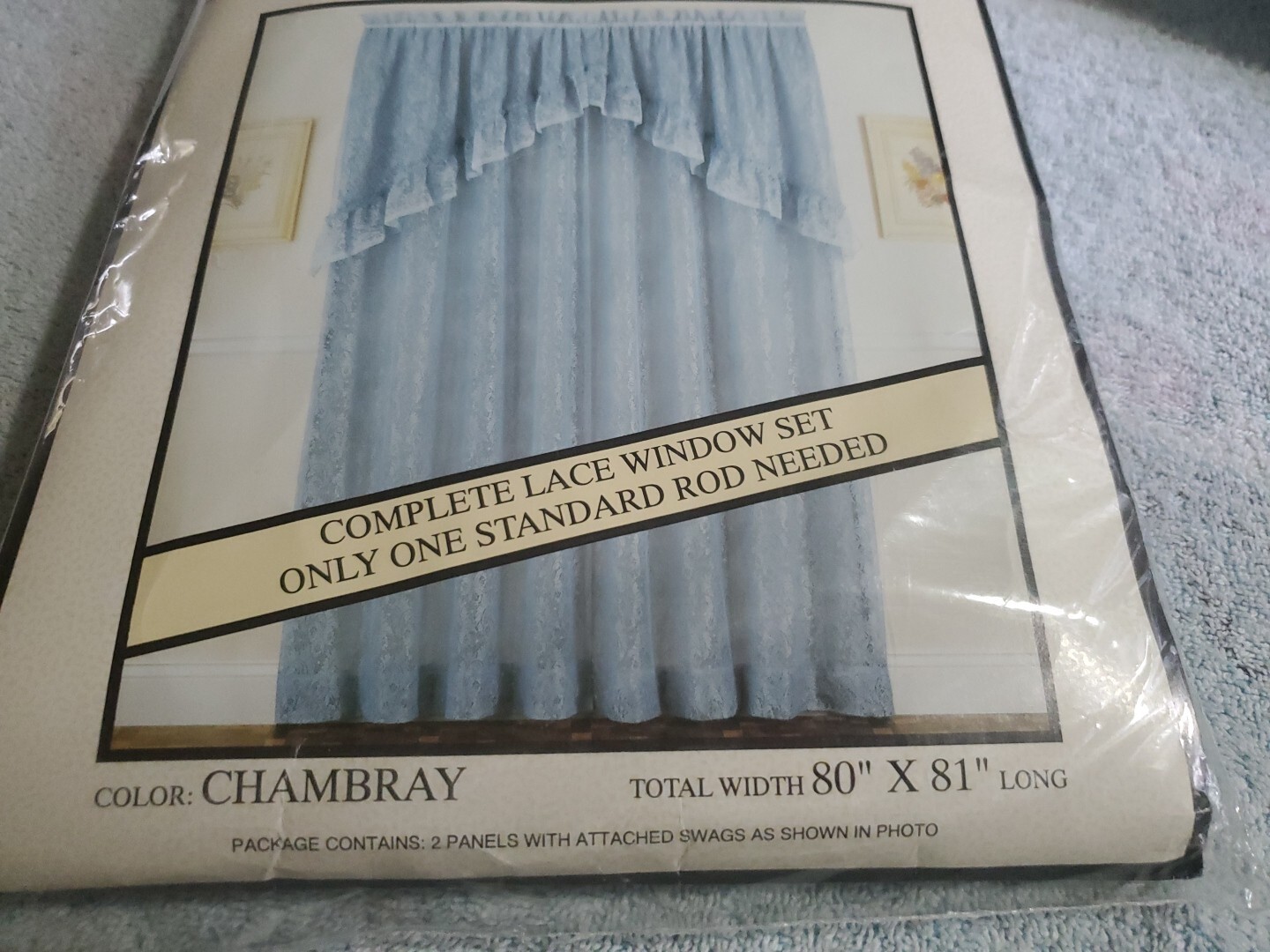 VINTAGE Fernwood Chambray Lace Window Curtain 2 Panels with attached swags NoS