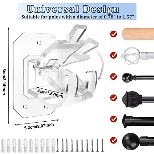 8PCS Upgraded No Drill Curtain Rod Brackets No Drilling Curtain 8 Transparent