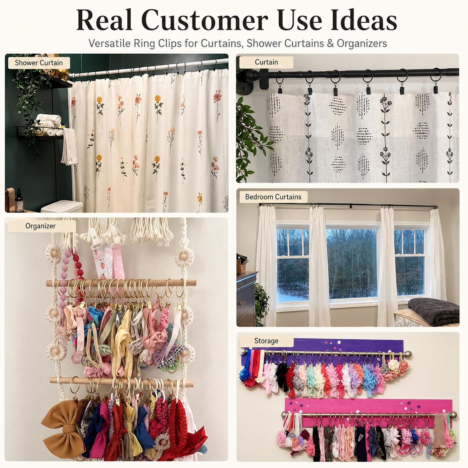 44 Pack Curtain Rings with Clips Hooks 2 in Diameter Rustproof | Matte