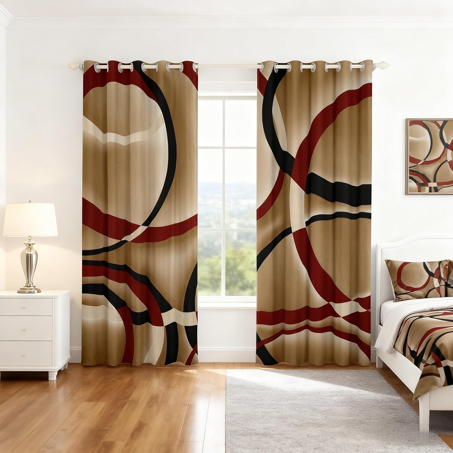 Abstract Stripes Blackout Curtains, Retro Geometric Grommet Drapes, 2 Panels