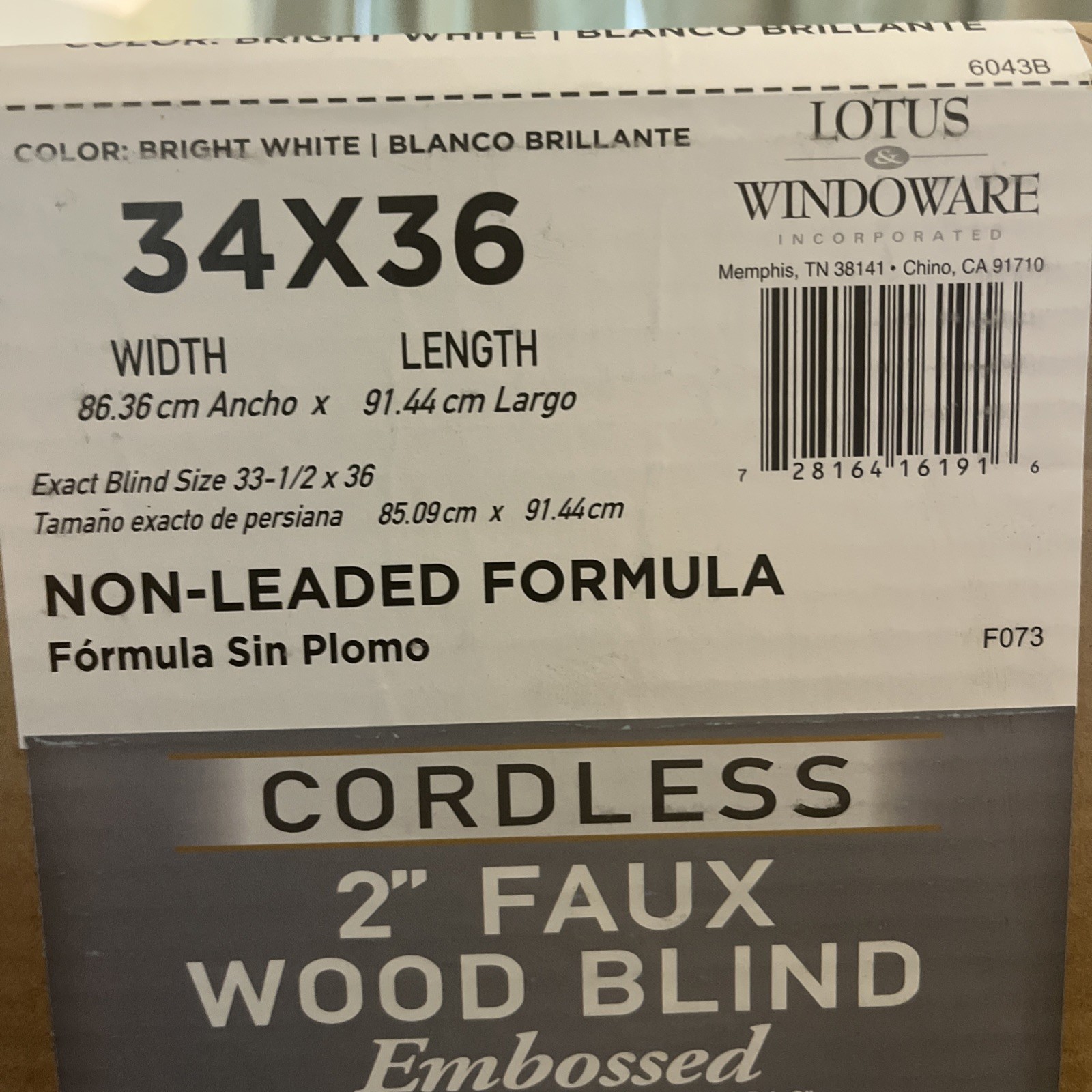 2 Available LOTUS & WINDOWARE 2” inch Cordless Faux Wood Blind 34” X 36”