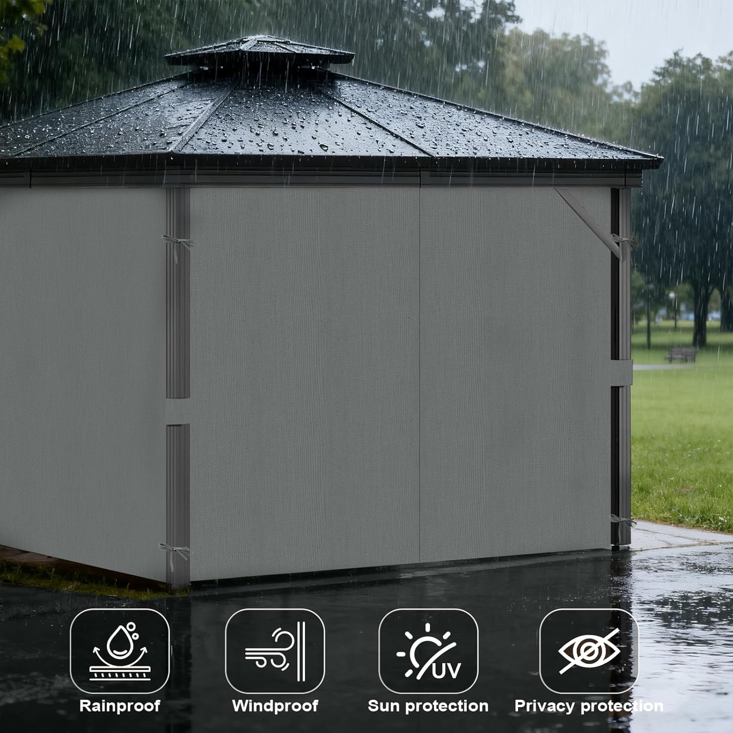 Waterproof 10×12 Ft Gray Privacy Curtains for Gazebos – 4-Piece Set