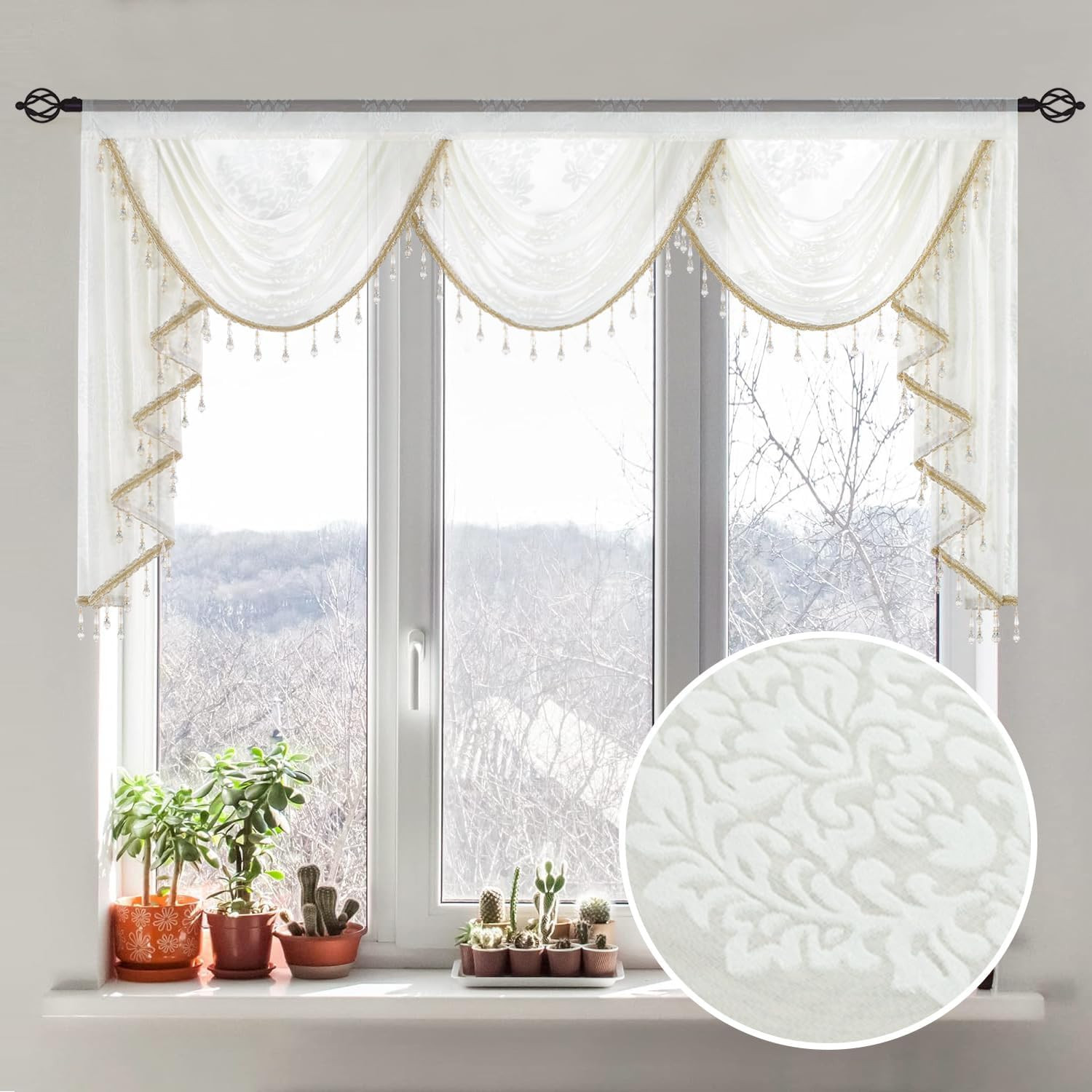 Elegant Extra Wide Waterfall Valance with Beaded Tassels, 79″ W X 43″ L