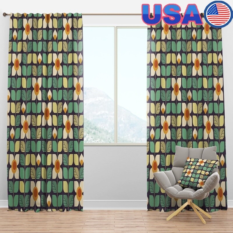 Mid-Century Modern Blackout Curtain Panel Abstract Botanical Retro Faux Linen