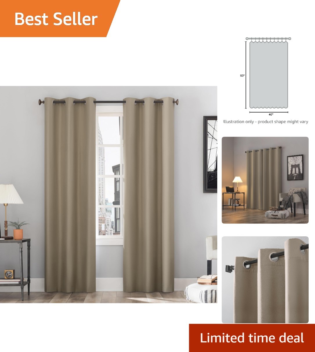 Stone Beige Thermal Blackout Grommet Curtain – 100% Light Blocking, 63″L x 40″W