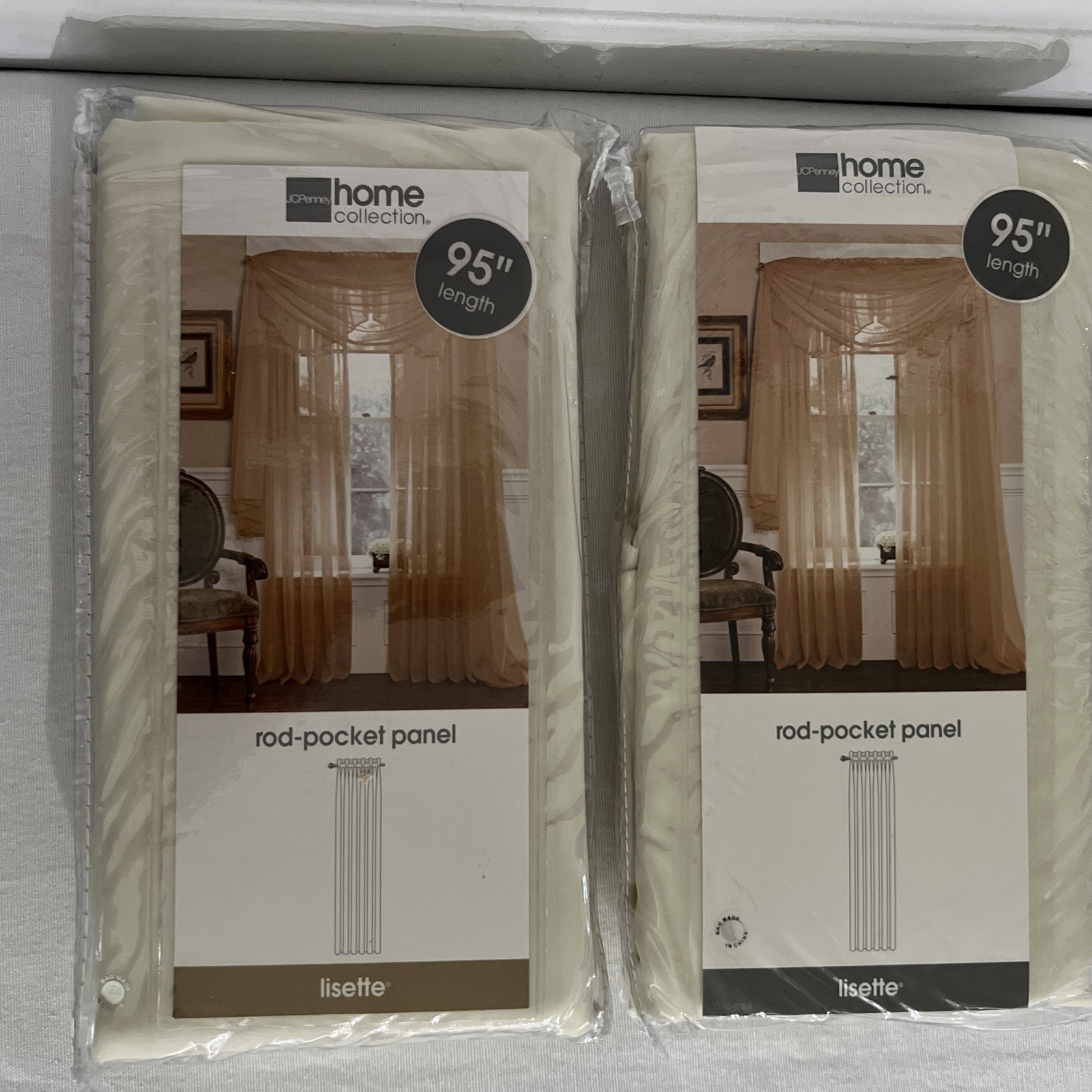 2 JCPenney Home Collection ROD POCKET PANEL CURTAINS ~ Lisette ~ Cream 95″ LONG!