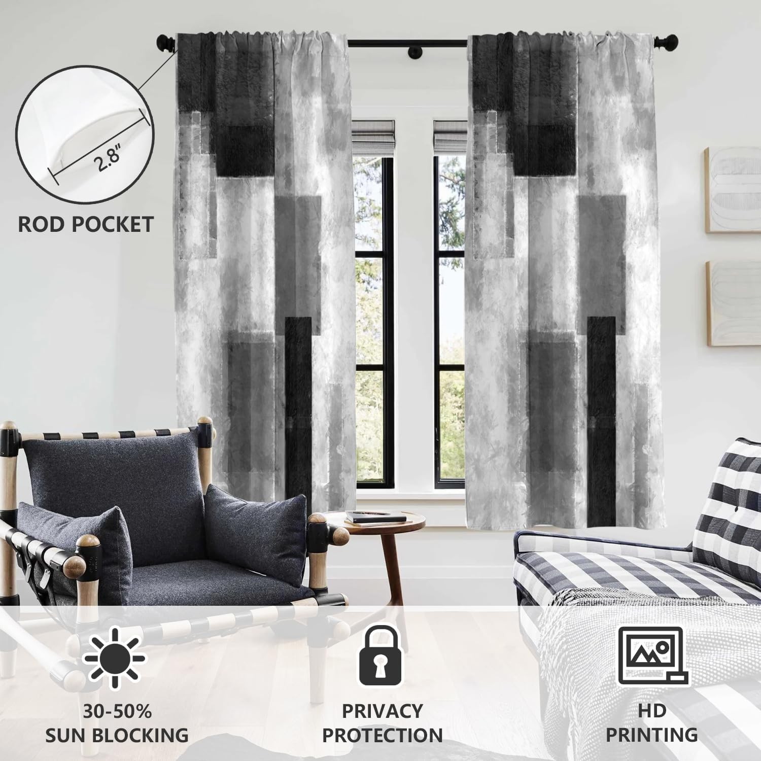 Black Grey and White Window Curtain Gray Abstract Geometric Silver Art