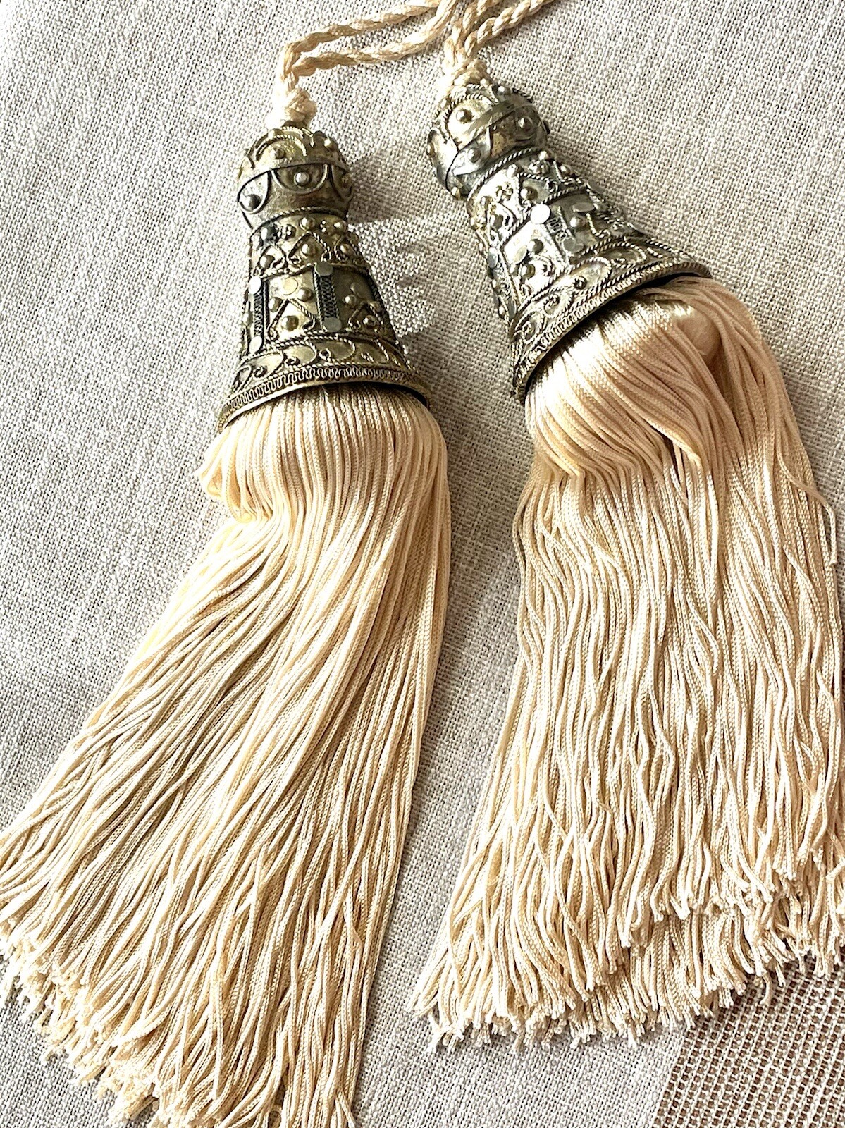 HUGE, Pair Indian Moroccan Curtain Tassels Passementerie Filigree Metal 16″ long