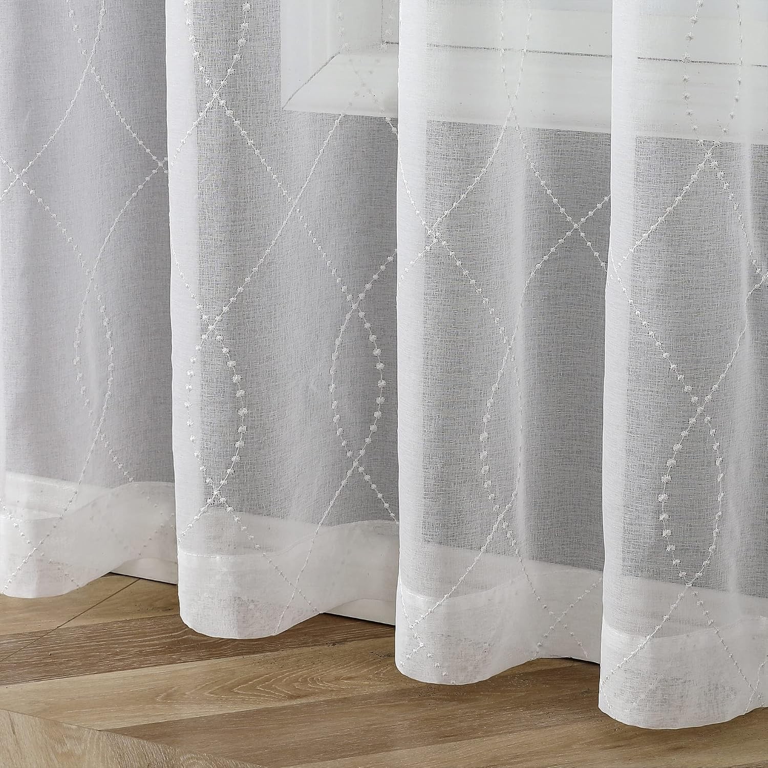 White Sheer Curtains Dots Moroccan Embroidered 84 Inches Long