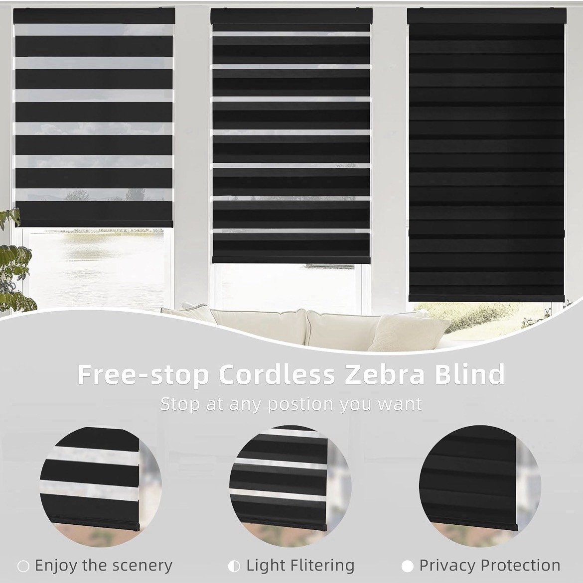 Cordless Zebra Blinds 53×72 Black Dual Layer Light Filtering Roller Shades