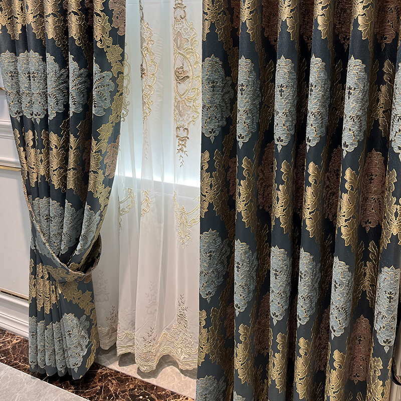 European luxury blue cloth cloth thick window weave curtain valance tulle M1556