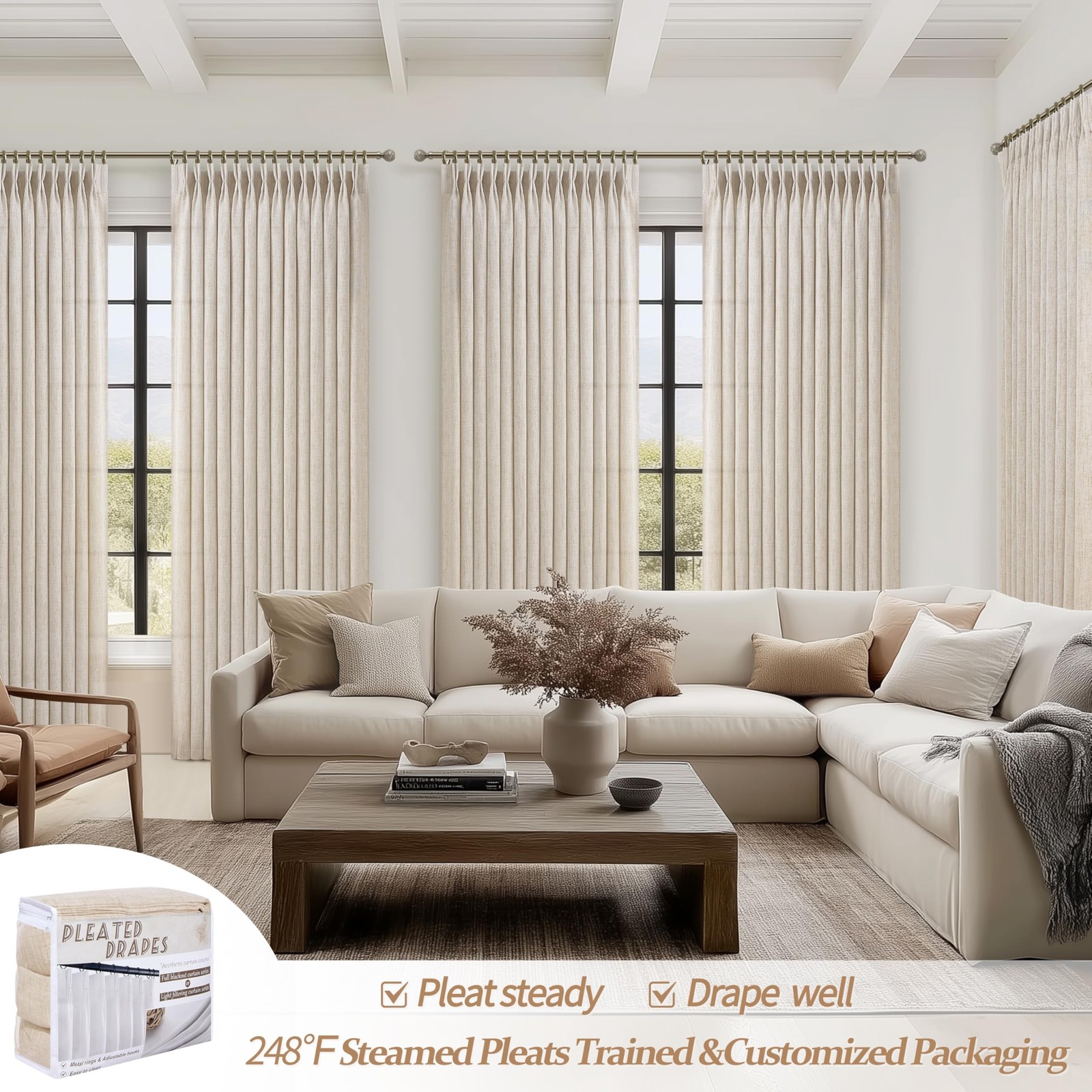Pinch Pleated Light Filtering 60 Inch Wide Natural Curtains 84 Inches Long fo…
