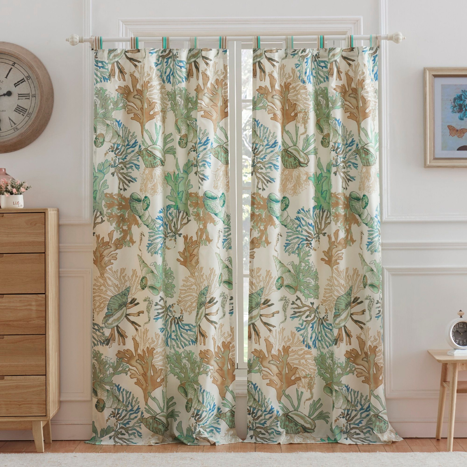 ATLANTIS JADE 84″ WINDOW PANELS : AQUA SHELLS CORAL BEACH SEASIDE CURTAIN DRAPES