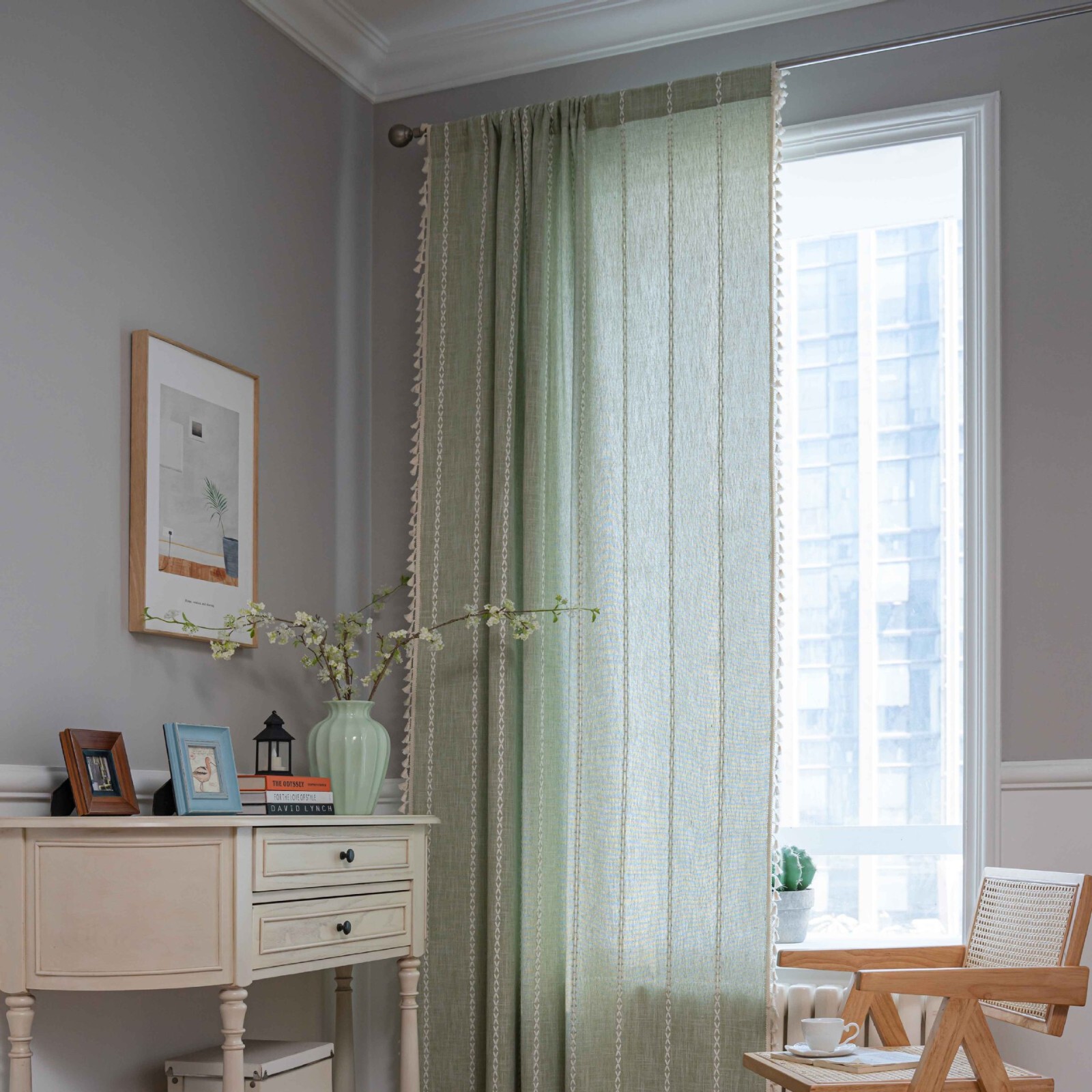 Rustic Striped Embroidered Curtain Window Drapes Panel Farmhouse Boho Home Decor
