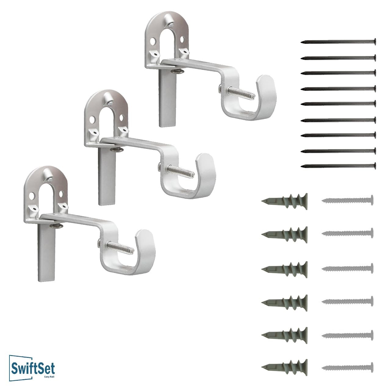 3 PCS Universal Curtain Rod Brackets Nickel Heavy Duty Steel NoDrill