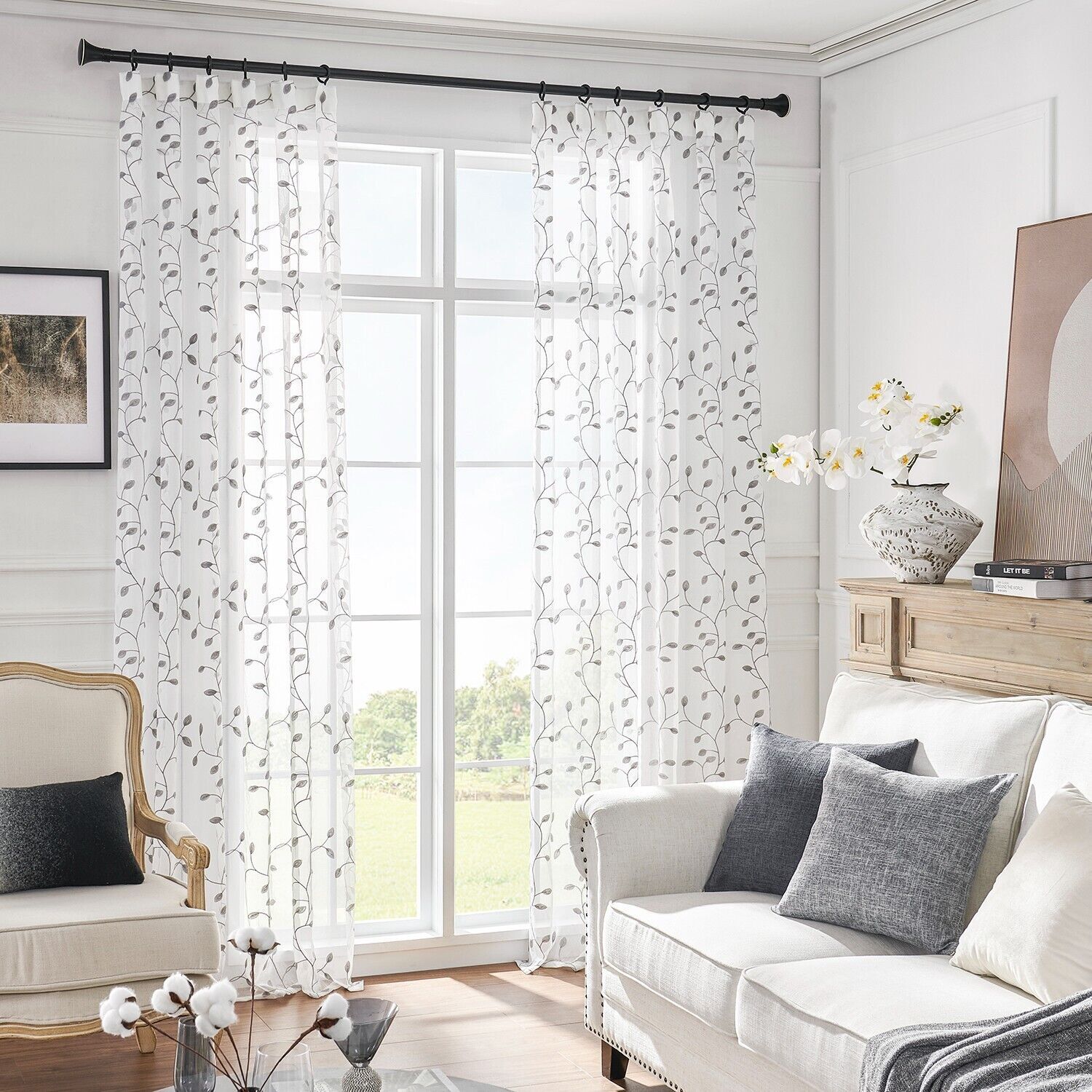 2 Panels Embroidered Leaves Semi Sheer Voile Window Curtains Drapes Living Room