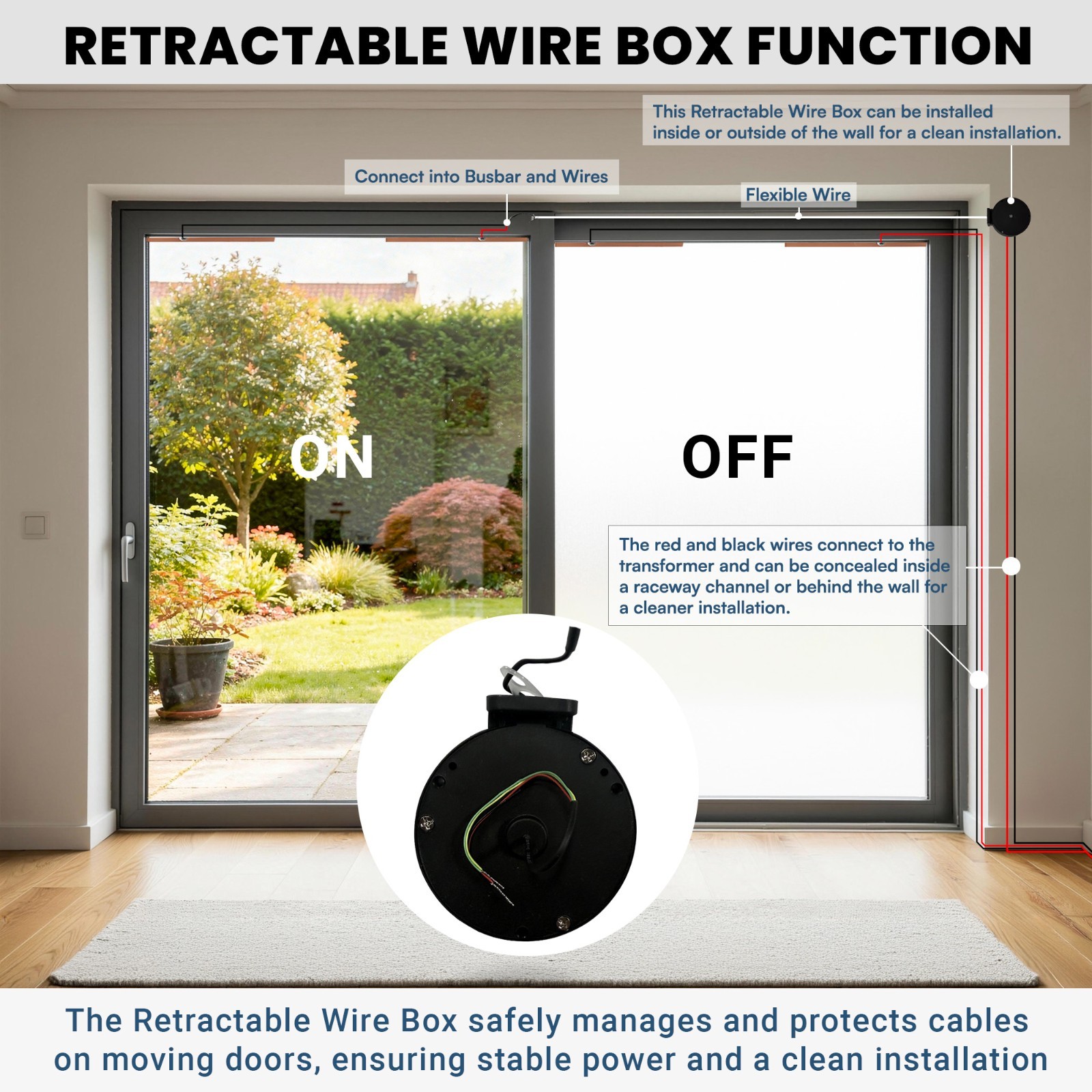 Retractable Wire Box PDLC Smart Film Cable Management Privacy Glass System