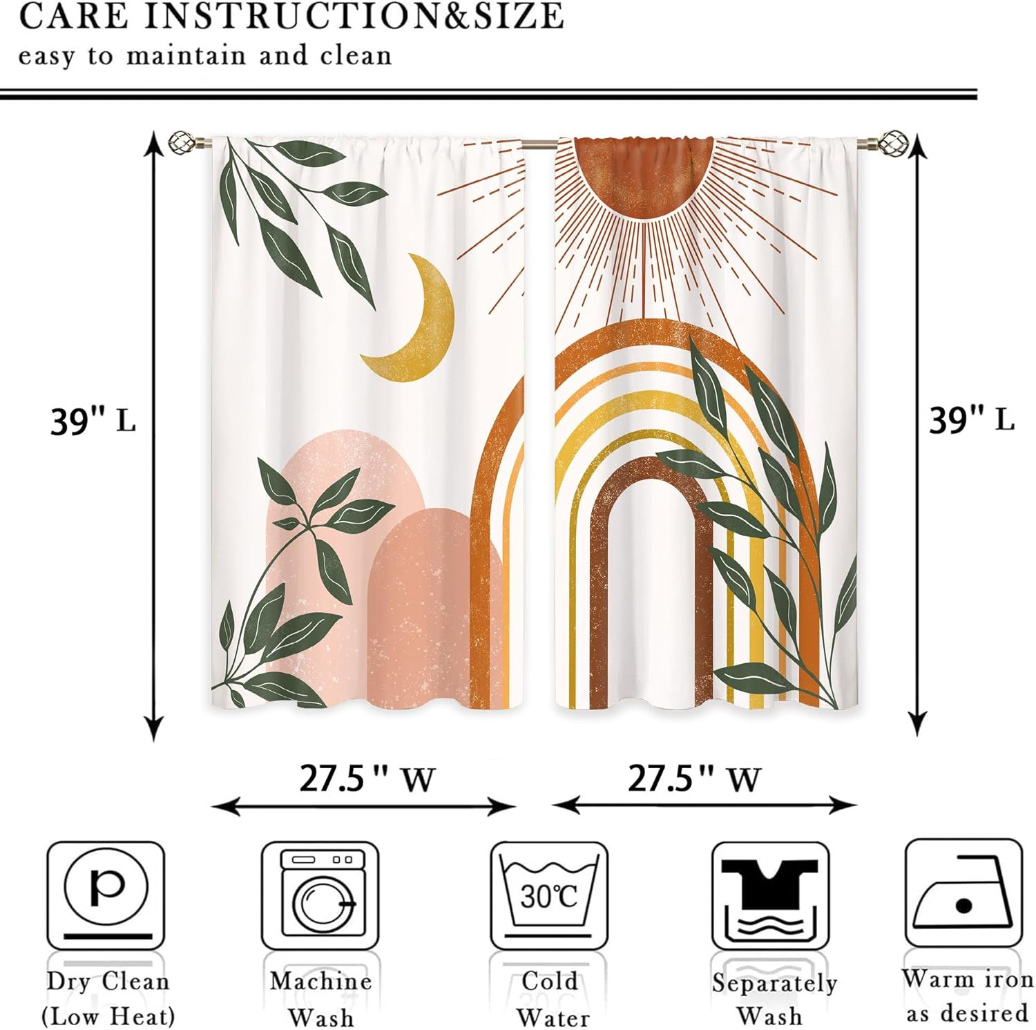 Mid Century Abstract Boho Small Kitchen Curtains Leaf Sun Minimalist Window Trea