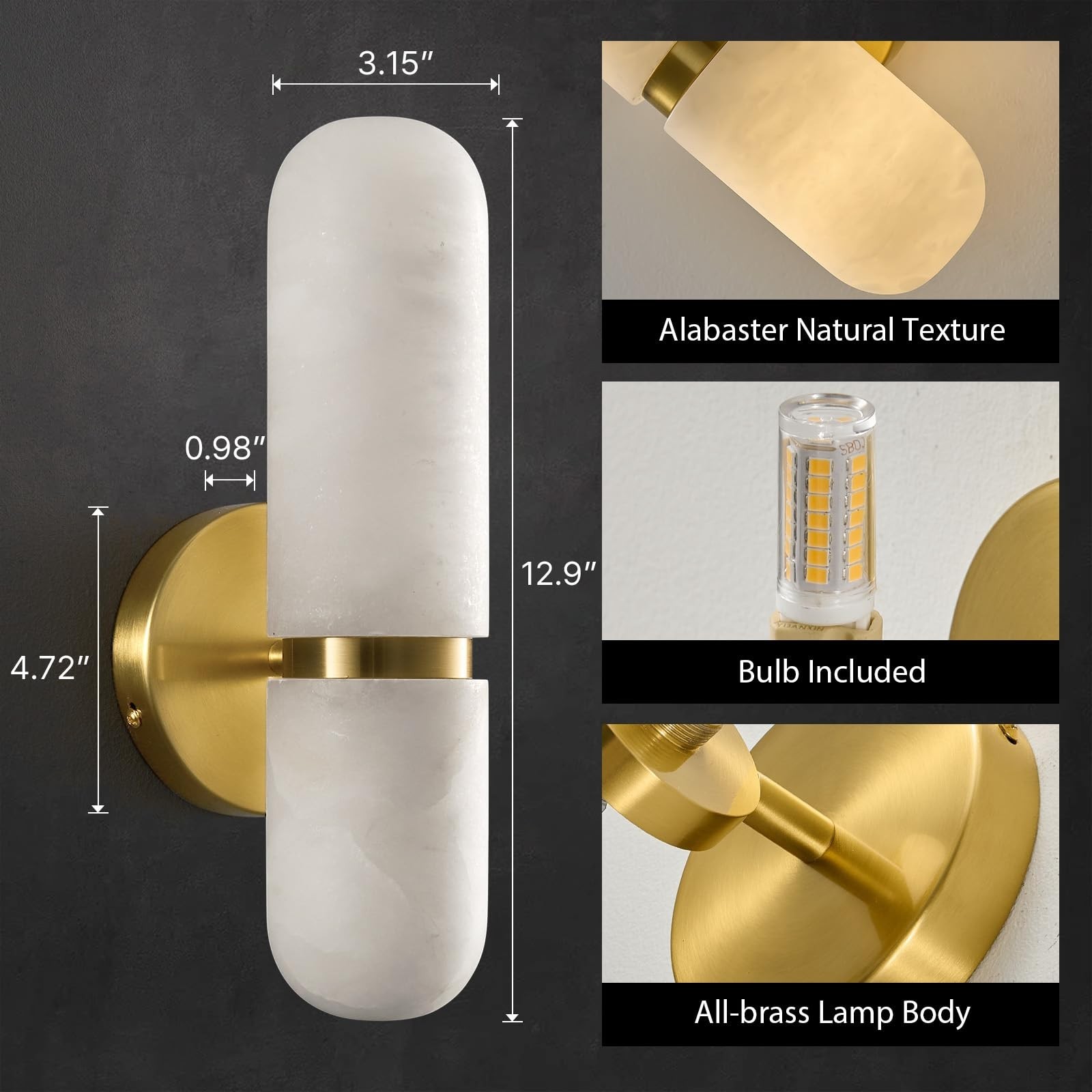 Natural Alabaster Brass Wall Sconce – Modern Luxury Spanish Stone Cylinder Sc…