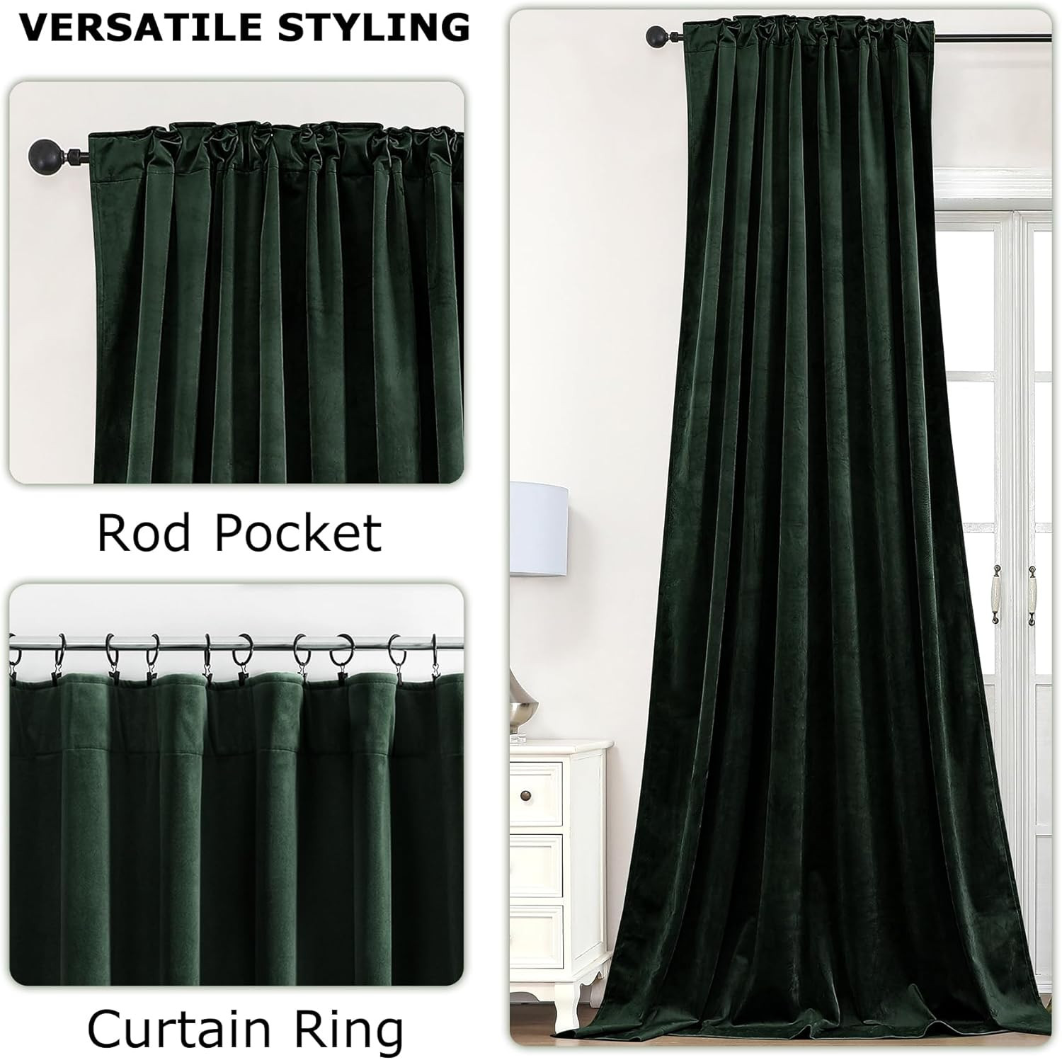 Luxurious Dark Green Velvet Curtains, Room Darkening, 2 Panels 52×90 Inches