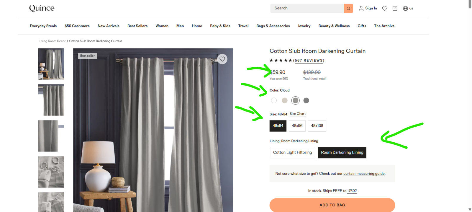 NWT QUINCE BLACKOUT COTTON SLUB CURTAIN PANEL SET 2 CLOUD GREY 48 X 84 $119.80