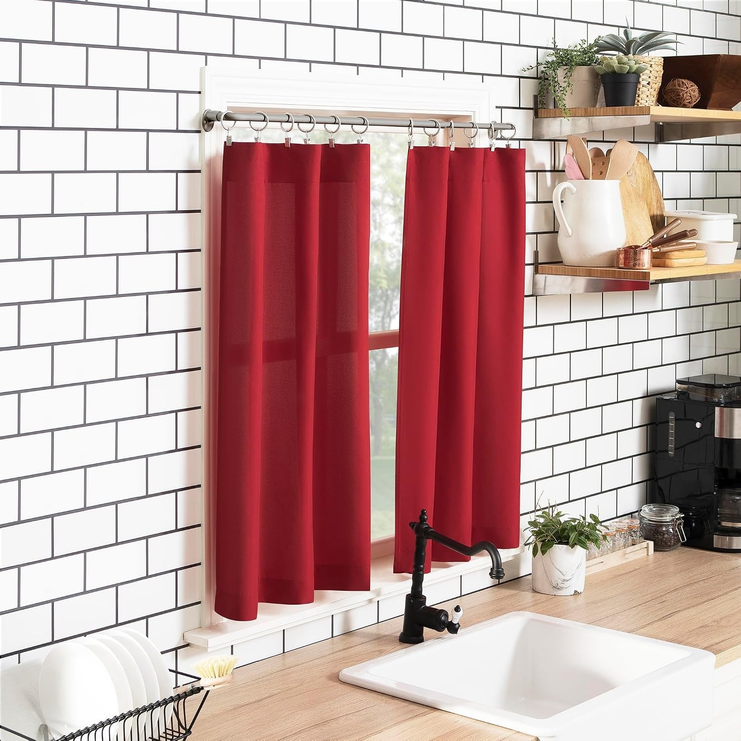 Elegant Red Microfiber Semi-Sheer Rod Pocket Kitchen Curtain Set – 54″ x 24″