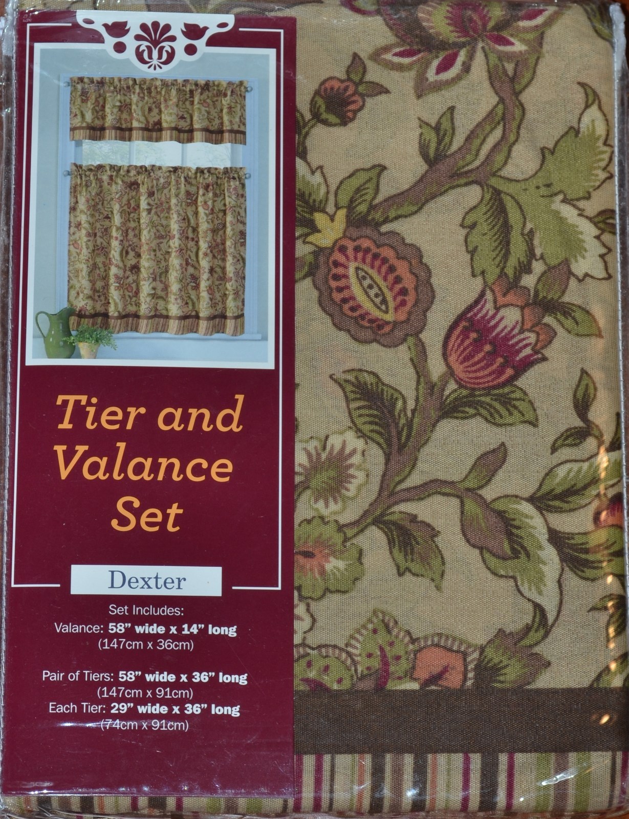 Window Curtain Set~Country Kitchen~Colonial Flower~Tan~Green~Tiers~Valance~NEW
