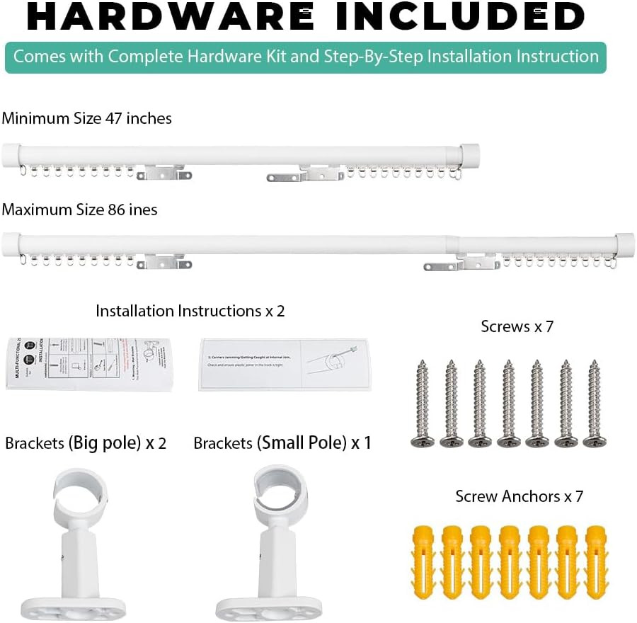 Heavy Duty Adjustable Traverse Curtain Rod, Smooth Glide, 47-86″ White