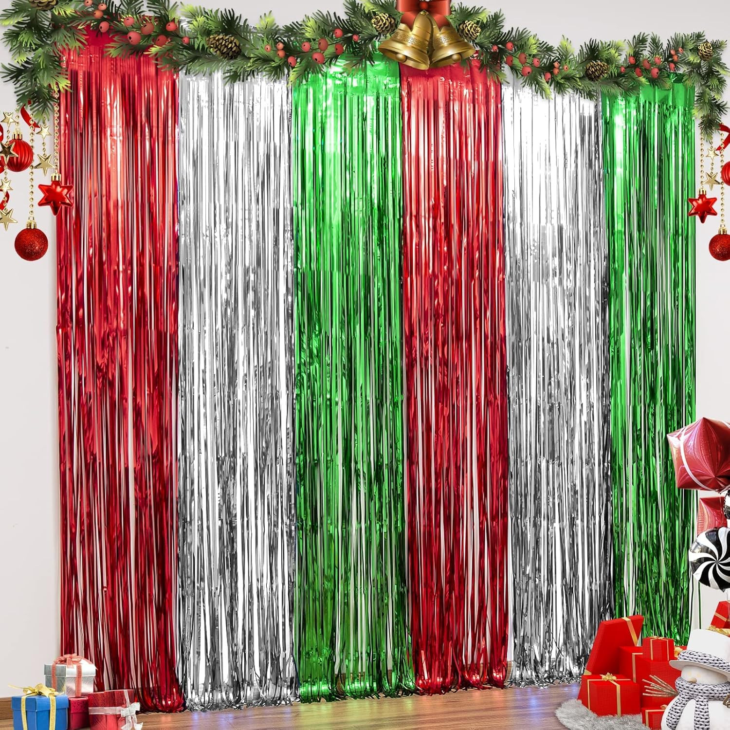 Christmas 3.3 X 6.6Ft Foil Fringe Curtains Red Silver Green 3 Pack | Tinsel Meta